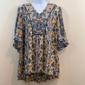 Rose + Olive Floral Bell Sleeve V-Neck Shirt  Sz 3X